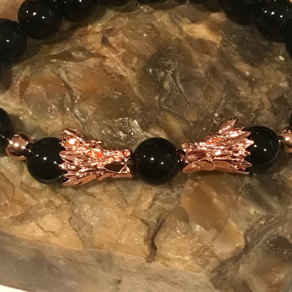 Men's Rose Gold Twin Dragon Bracelet Genuine Black Agate - Picture 2 of 3